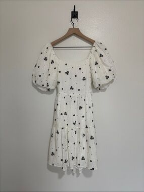 THML Embroidered Floral Puff Sleeve Square Neck Tiered Mini Dress White XS